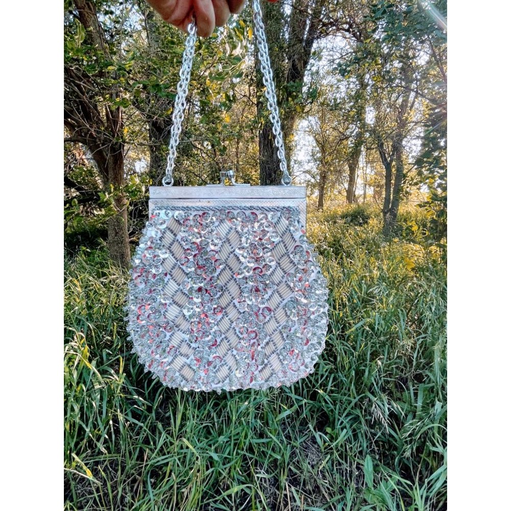 Vintage 1960s Beaded Sequin Liver Formal Purse Lucite Frame - Picture 2 of 12